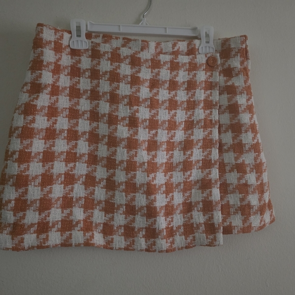 H&M Set Hounstooth Blazer S + Faux Wrap Mini Skirt 14 Orang/white Patterned Nwt - Picture 6 of 10